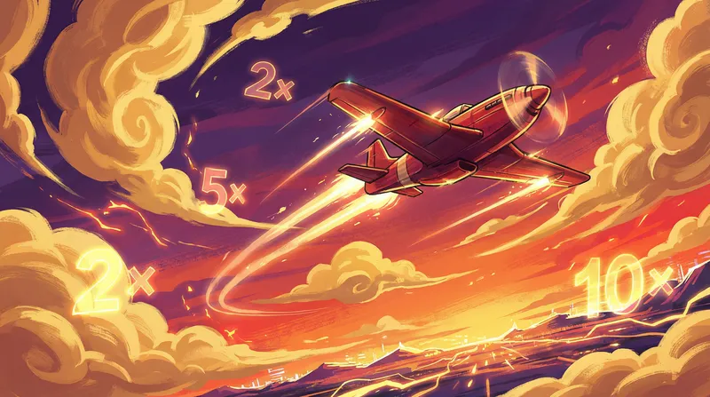 Juego Aviator con avión rojo despegando entre nubes doradas y multiplicadores