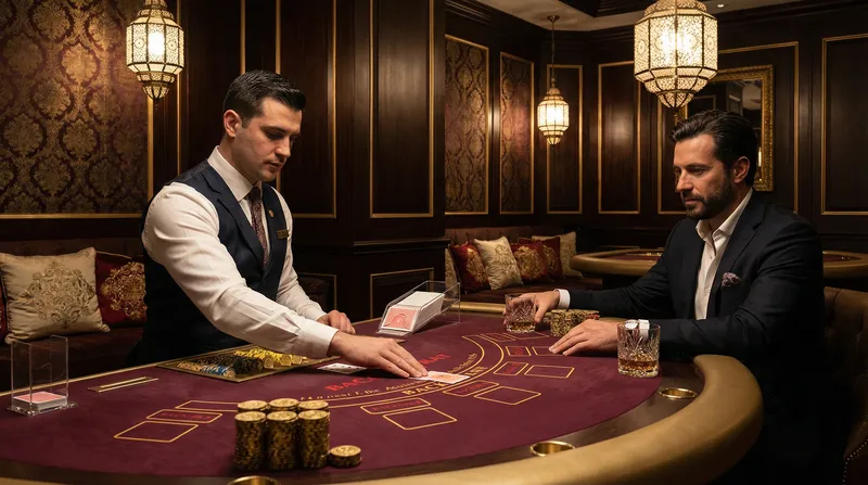 Mesa de bacará VIP con crupier profesional y jugador elegante