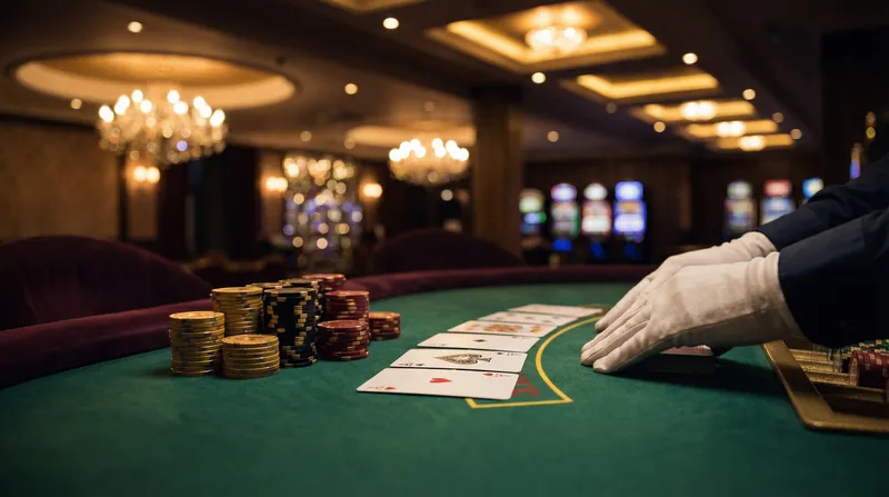 Mesa de blackjack VIP con cartas y fichas de casino de lujo