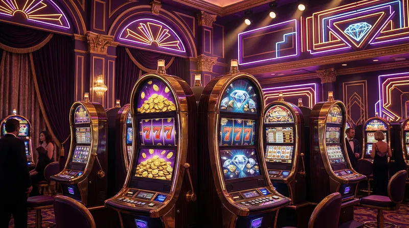 Sala de tragamonedas de lujo con máquinas brillantes mostrando jackpots